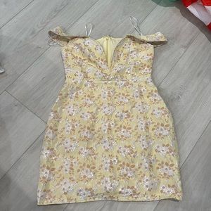 Lulus Favorite Song Yellow Floral Jacquard Off-the Shoulder Mini Dress S New